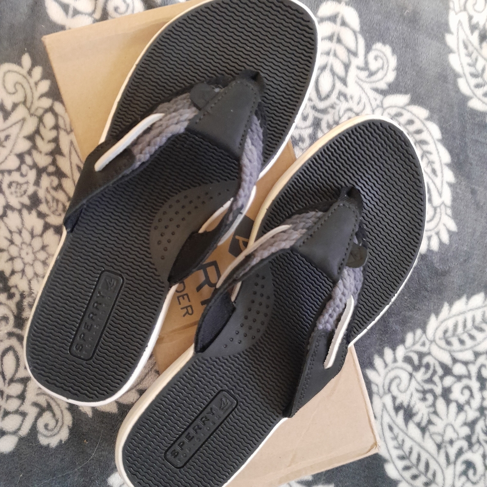 Sperry Women's Black and Gray Braided Strap Flip Flops